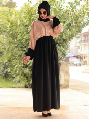 Fatma Aydın Somon Siyah Beli Büzgülü Elbise