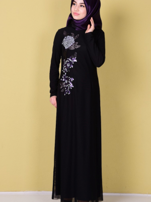Sefamerve Siyah Mor Payetli Elbise