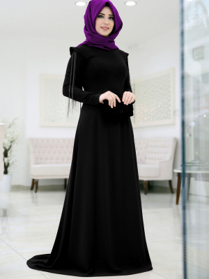 SomFashion Siyah Büşra Zincirli Abiye Elbise