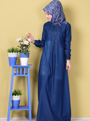 Sefamerve Koyu Mavi Bağcık Detaylı Kot Elbise