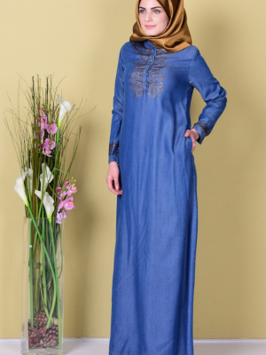 Sefamerve Mavi Taş Detaylı Kot Elbise