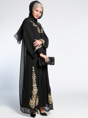 AJAL Siyah Altın Desenli Kolsuz Elbise&Ferace İkili Takım