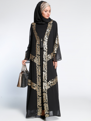 AJAL Siyah Altın Desenli Kolsuz Elbise&Ferace İkili Takım