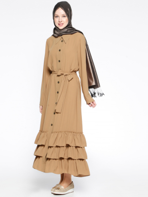 Etrucci Camel Fırfır Detaylı Düğmeli Elbise