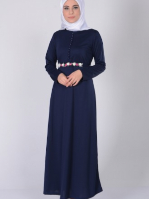 Sefamerve Lacivert Düğme Detaylı Kemerli Elbise