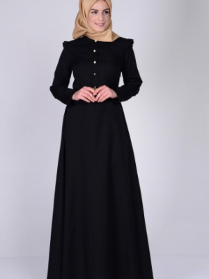 Sefamerve Siyah Omuzu Fırfırlı Kemerli Elbise