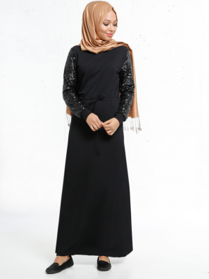 Refka Siyah Beli Bağcıklı Payetli Elbise