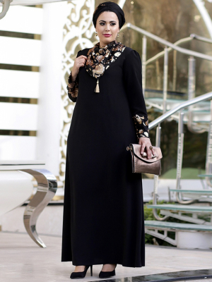 Nesrin Emniyetli Siyah Gold Abaya Abiye Elbise