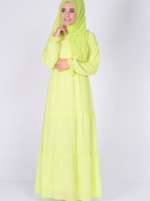 Sefamerve Sarı Şifon Büzgülü Elbise