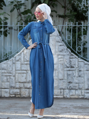 Selma Sarı Design Mavi Yırtmaçlı Uzun Kot Tunik