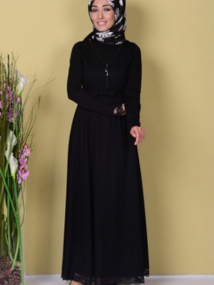 Sefamerve Siyah Dantel Detaylı Kemerli Elbise