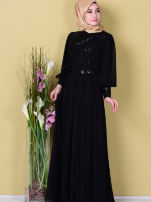 Sefamerve Siyah Payet Detaylı Şifon Elbise