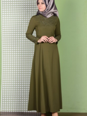 Sefamerve Haki Yeşil Taş Detaylı Kemerli Elbise