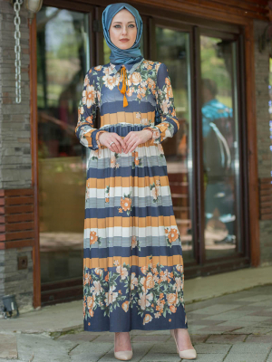 İnşirah Lacivert Hardal Çiçek Desenli Elbise