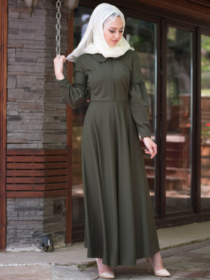İnşirah Yeşil Kolu Volan Detaylı Elbise