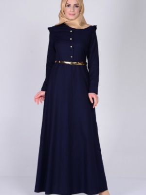 Sefamerve Lacivert Omuzu Fırfırlı Kemerli Elbise