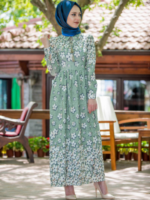 İnşirah Yeşil Çiçek Desenli Elbise