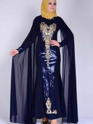Sefamerve Lacivert Payet Detaylı Abiye Elbise