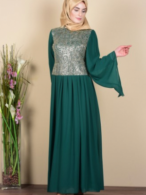 Sefamerve Yeşil Şifon Detaylı Elbise