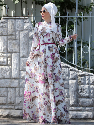 Selma Sarı Design Fuşya Zambak Desenli Elbise