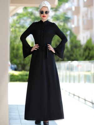 Selma Sarı Design Siyah Güpürlü Buğlem Elbise