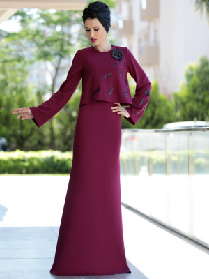 Selma Sarı Design Mürdüm Pul İşlemeli Bluz&Elbise İkili Takım