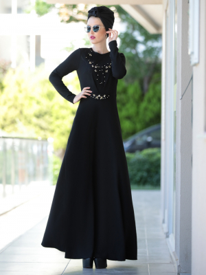 Selma Sarı Design Siyah Taş Detaylı Güpürlü Elbise