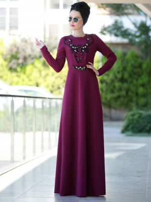 Selma Sarı Design Mürdüm Taş Detaylı Güpürlü Elbise