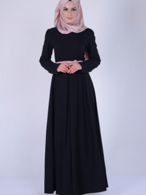 Sefamerve Siyah Pudra İnci Detaylı Kemerli Elbise