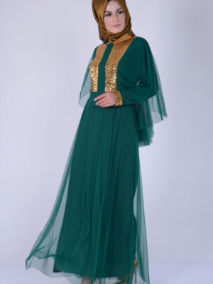 Sefamerve Yeşil Pelerinli Pul Payetli Elbise