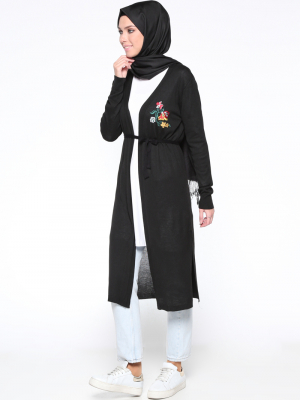 Seyhan Fashion Siyah Nakış Detaylı Triko Hırka