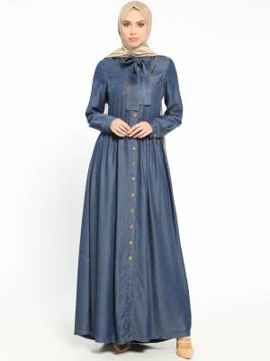 Ginezza Lacivert Boydan Düğmeli Tensel Elbise