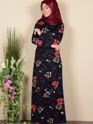 Sefamerve Lacivert Kırmızı Çiçek Desenli Elbise