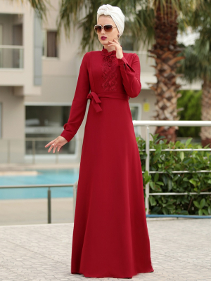 Selma Sarı Design Bordo Güpür Detaylı Eslem Elbise