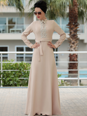 Selma Sarı Design Bej Güpür Detaylı Eslem Elbise