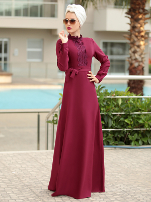Selma Sarı Design Mürdüm Güpür Detaylı Eslem Elbise