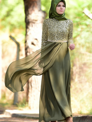 Sefamerve Haki Yeşil Taş Detaylı Şifon Elbise