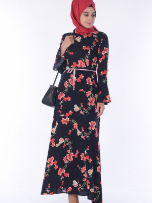 Sefamerve Siyah Kiremit Çiçek Desenli Elbise