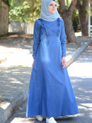Sefamerve Mavi Kot Kuşaklı Elbise