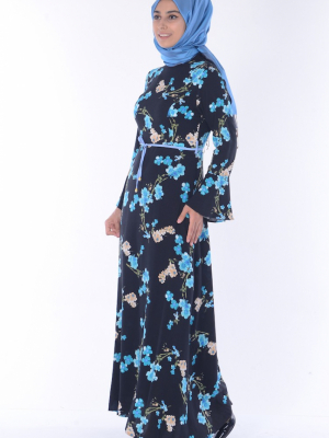 Sefamerve Siyah Mavi Çiçek Desenli Elbise