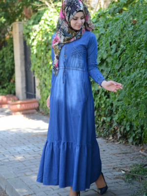 Sefamerve Koyu Mavi Eteği Büzgülü Kot Elbise