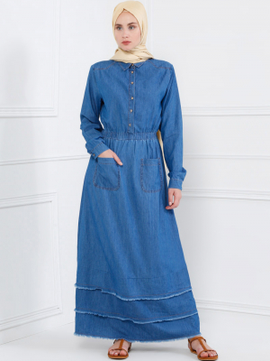 Refka Açık Mavi Doğal Kumaşlı Kot Elbise