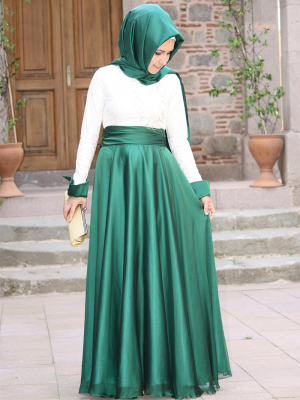 Pınar Şems Zümrüt Yeşili Dantelli Şifon Elbise