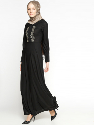 Bonema Siyah Nakışlı Elbise
