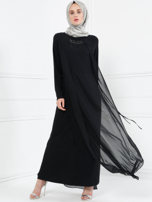 Refka Siyah Şifon Detaylı Elbise