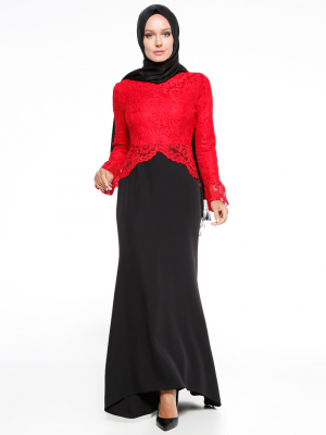 İroni Kırmızı Siyah Dantelli Abiye Elbise
