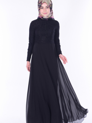 Sefamerve Siyah Dantelli Şifon Elbise