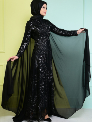 Sefamerve Siyah Payet Detaylı Abiye Elbise