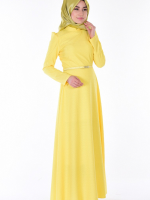 Sefamerve Sarı Kemerli Jakarlı Elbise
