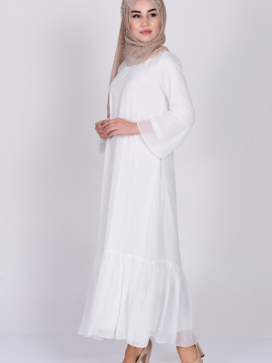 Sefamerve Beyaz Büzgülü Şifon Elbise